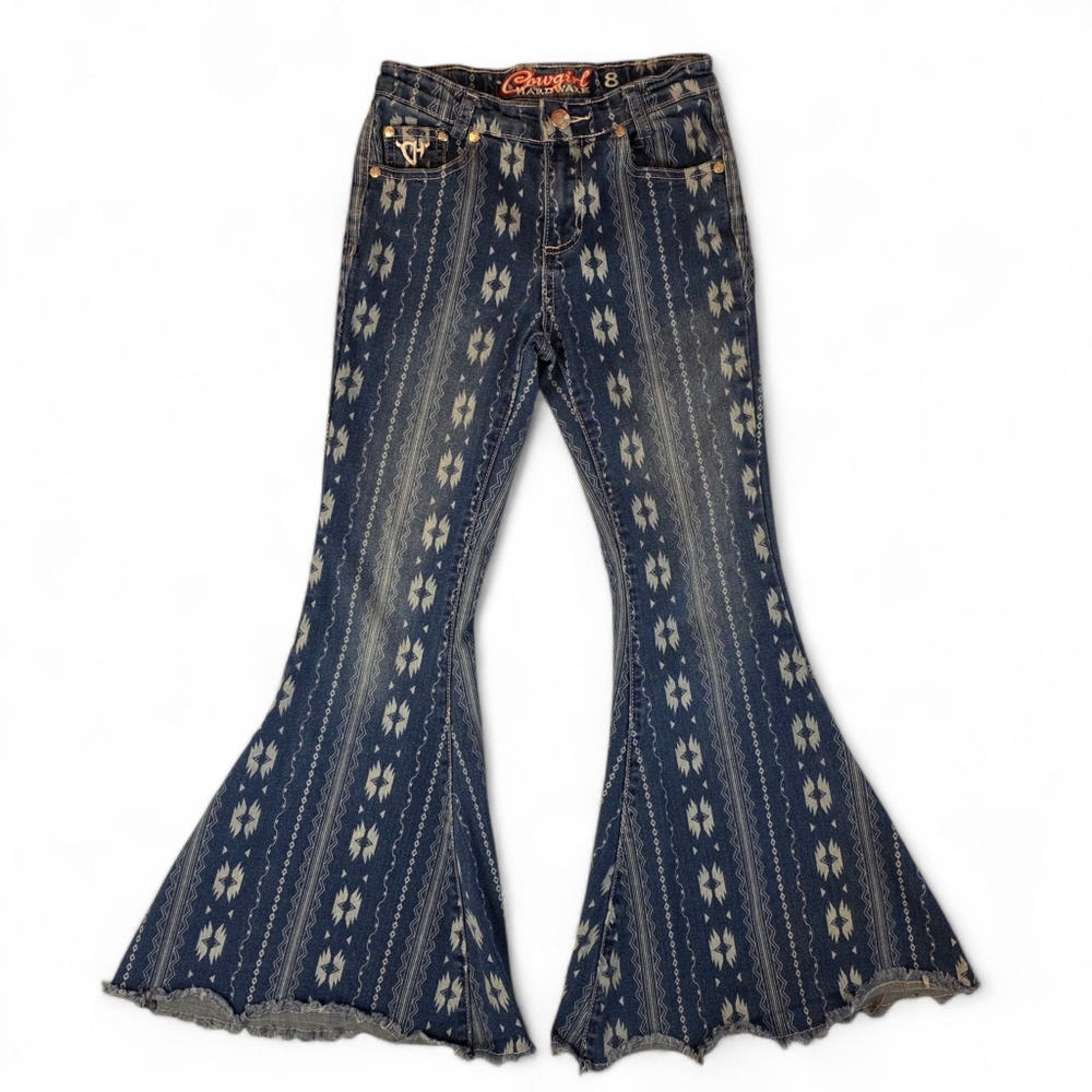 Cowgirl Hardware Aztec Print Bell Bottom Flare Jeans Girls Size 8 Boho Western